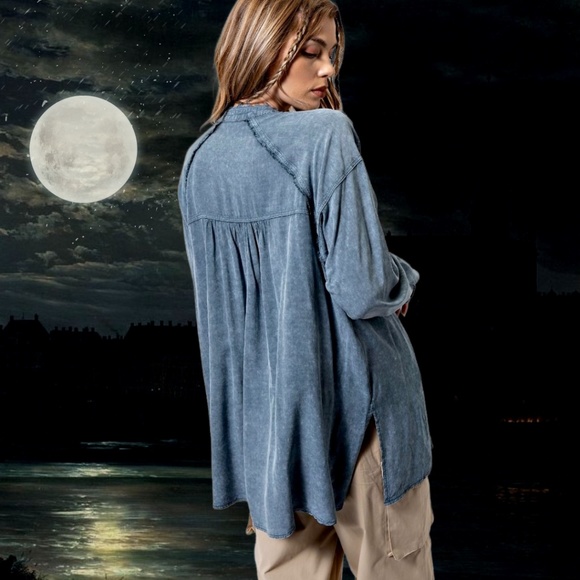 EASEL "Summer Breeze" Mineral Washed Frayed Seams Button Up Tunic Top Side Slits - Picture 3 of 15